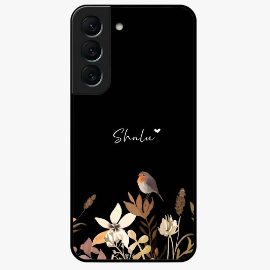 Quiet Garden Tune Custom Name Glass Case showing flat back view with peaceful garden artwork and personalized name design.