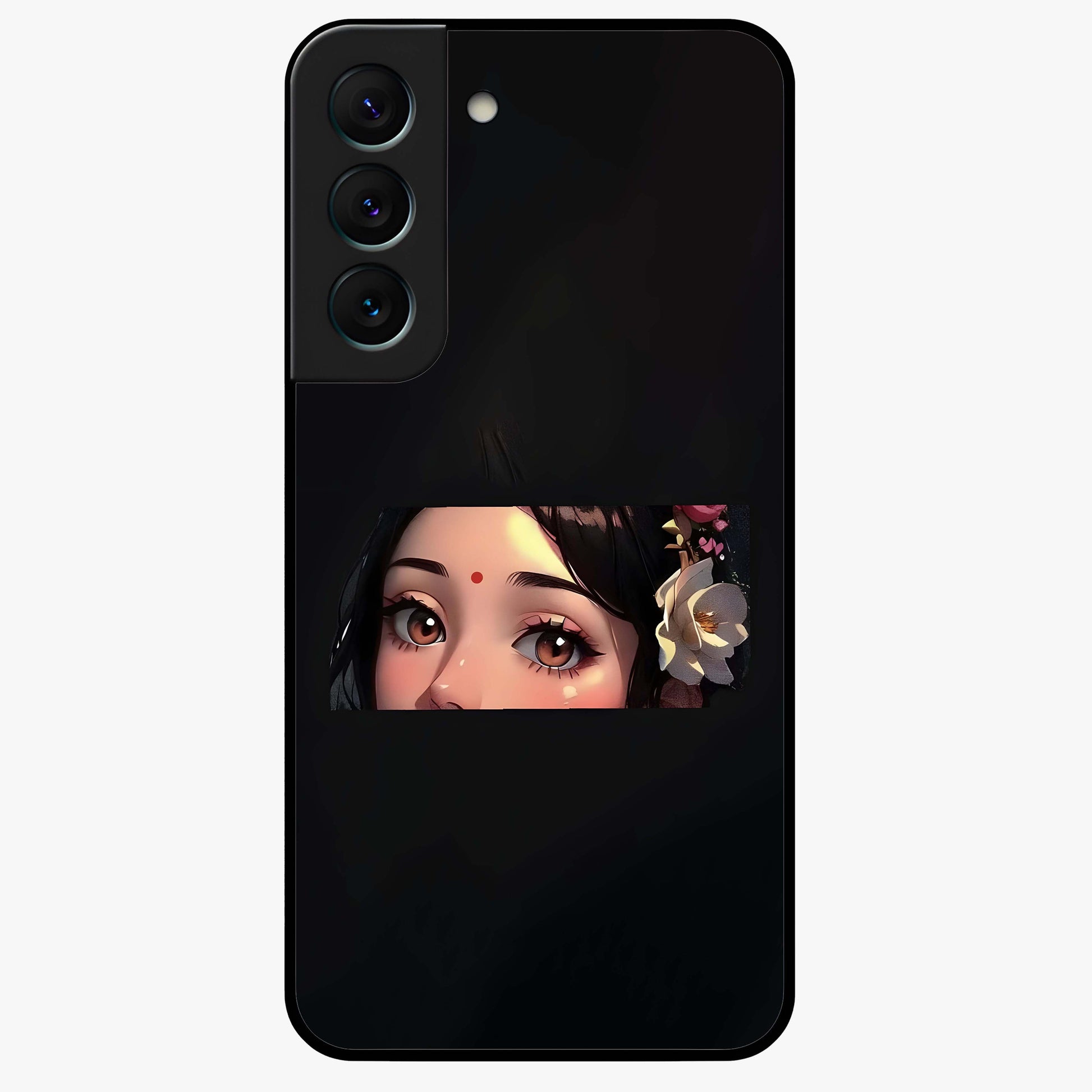 Radha Divine Embrace Glass Case showing flat back view with devotional Radha artwork and glossy glass finish.