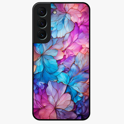 Radiant Floral Whirl Glass Case showing flat back view with swirling floral artwork and glossy glass finish.
