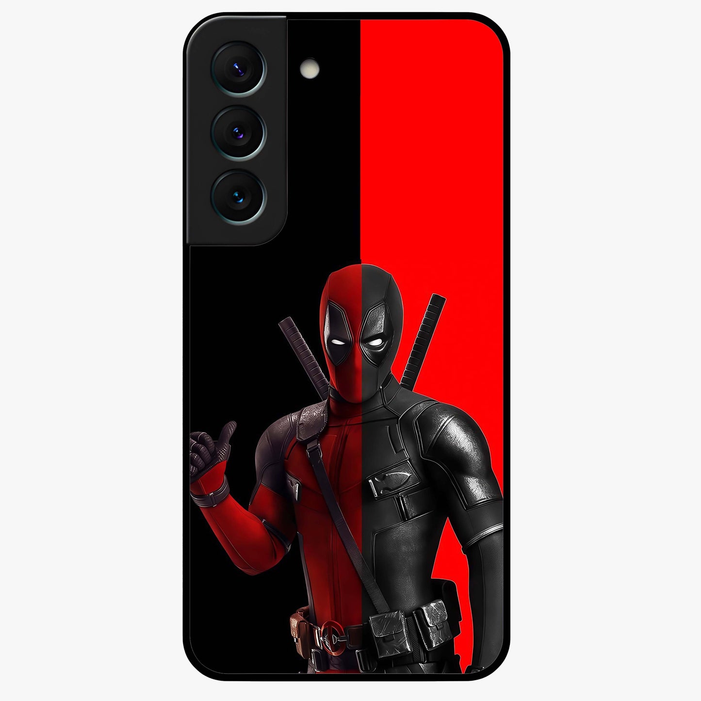 Red & Black Deadpool Theme Glass Case showing flat back view with bold comic inspired artwork and glossy glass finish.