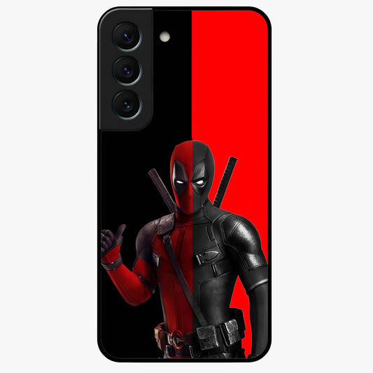 Red & Black Deadpool Theme Glass Case showing flat back view with bold comic inspired artwork and glossy glass finish.