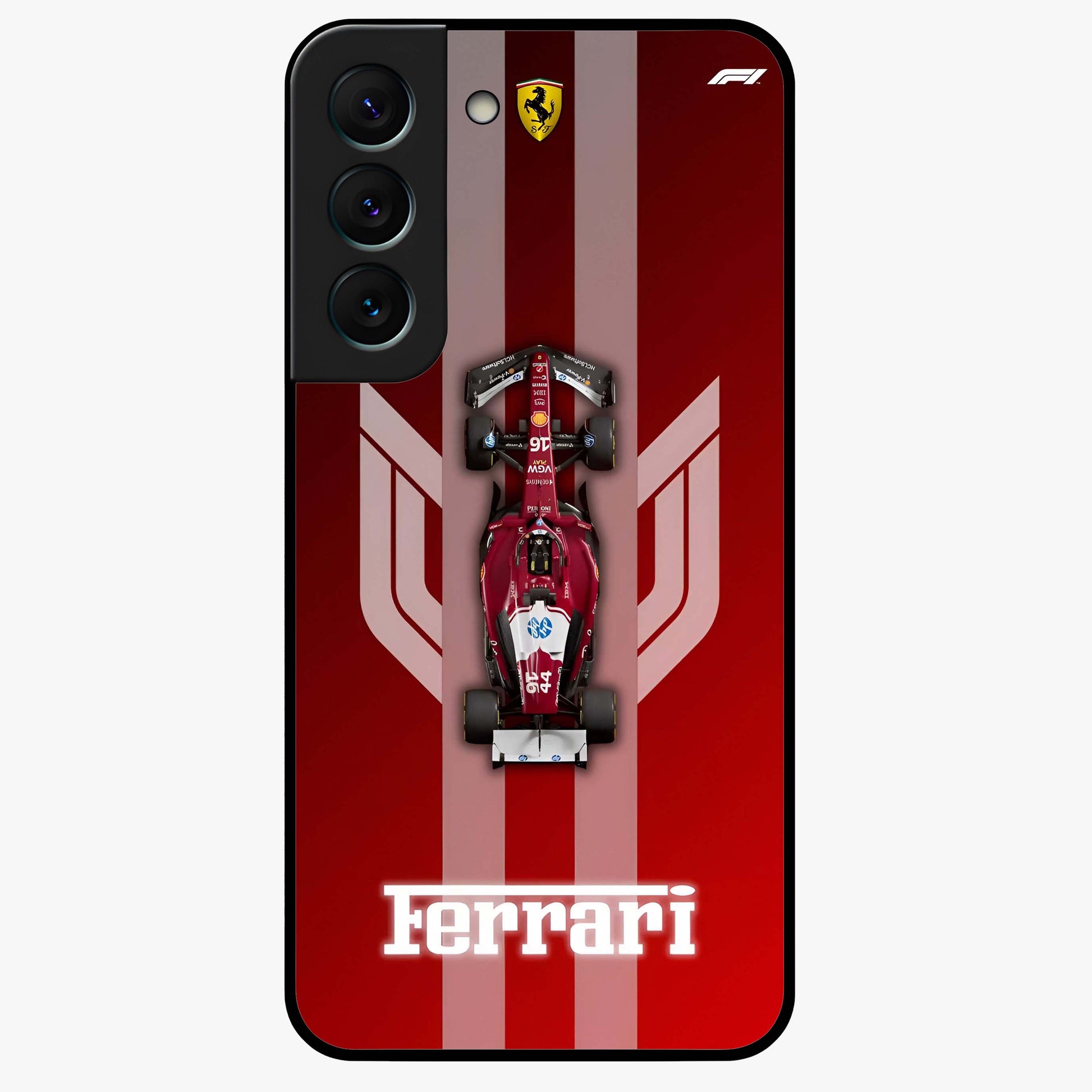 Red Ferrari F1 Vertical Glass Case showing flat back view with sleek Formula racing car artwork and glossy glass finish.