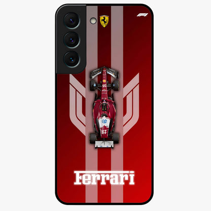 Red Ferrari F1 Vertical Glass Case showing flat back view with sleek Formula racing car artwork and glossy glass finish.