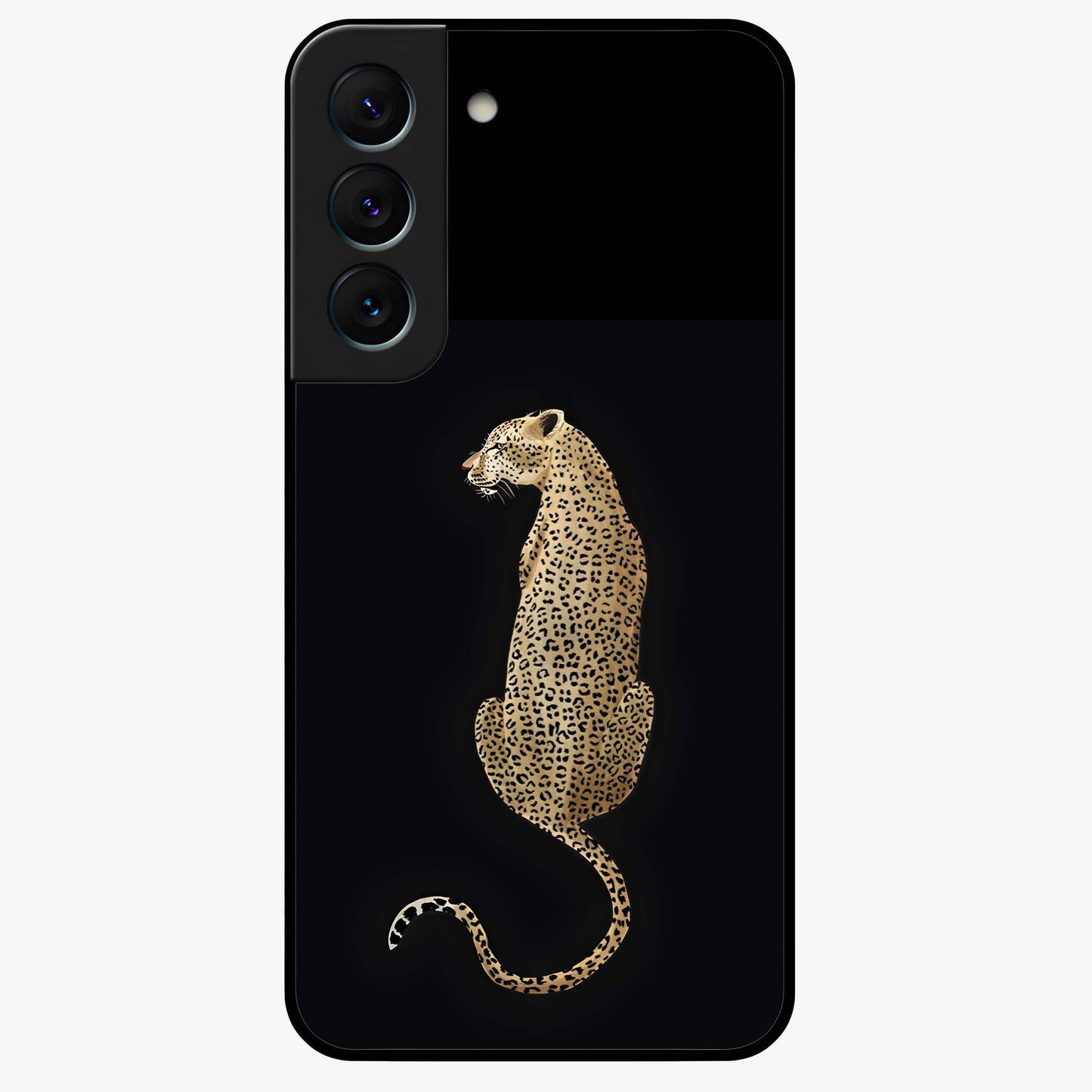 Regal Leopard Glass Case showing flat back view with bold leopard artwork and glossy glass finish.