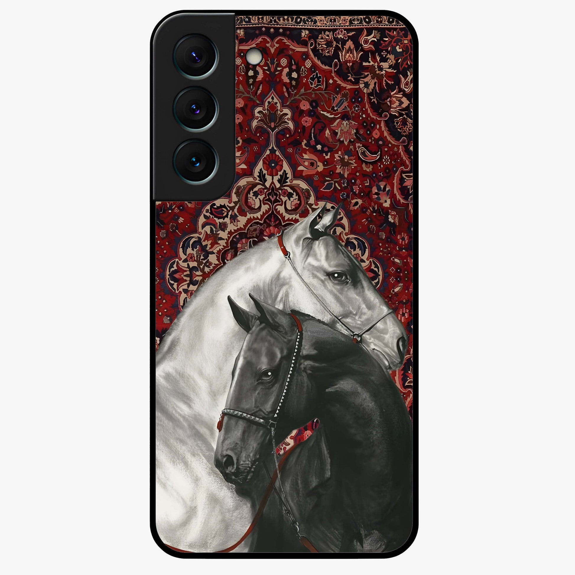 Regal Stallion Tapestry Glass Case showing flat back view with majestic horse tapestry artwork and glossy glass finish.
