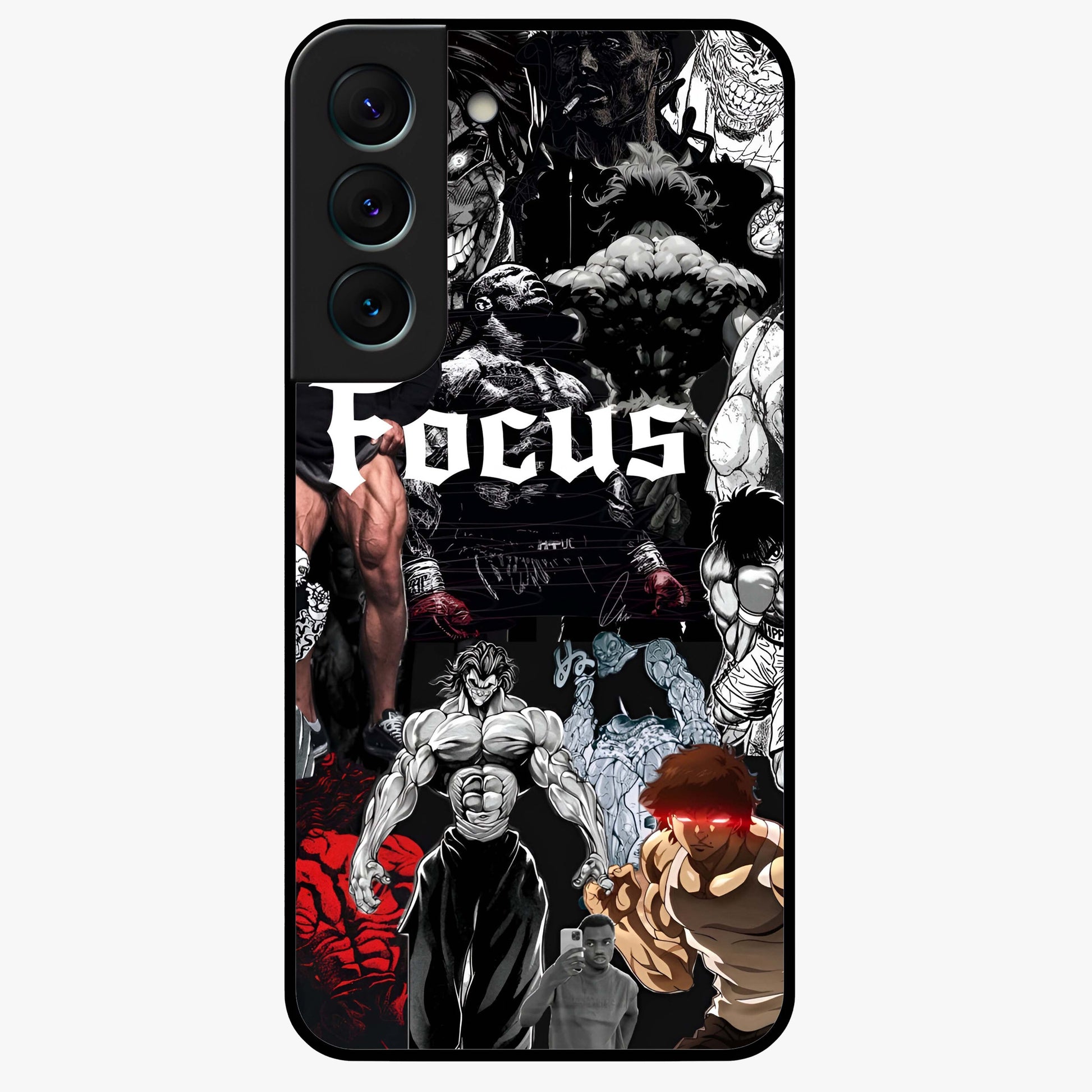 Relentless Power Focus Glass Case showing flat back view with motivational typography artwork and glossy glass finish.