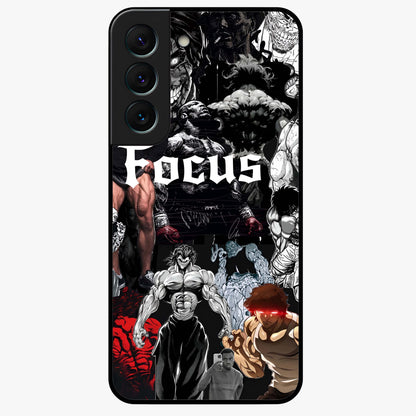 Relentless Power Focus Glass Case showing flat back view with motivational typography artwork and glossy glass finish.