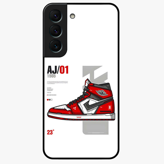 Retro Sneaker Blueprint Glass Case showing flat back view with sneaker blueprint style artwork and glossy glass finish.