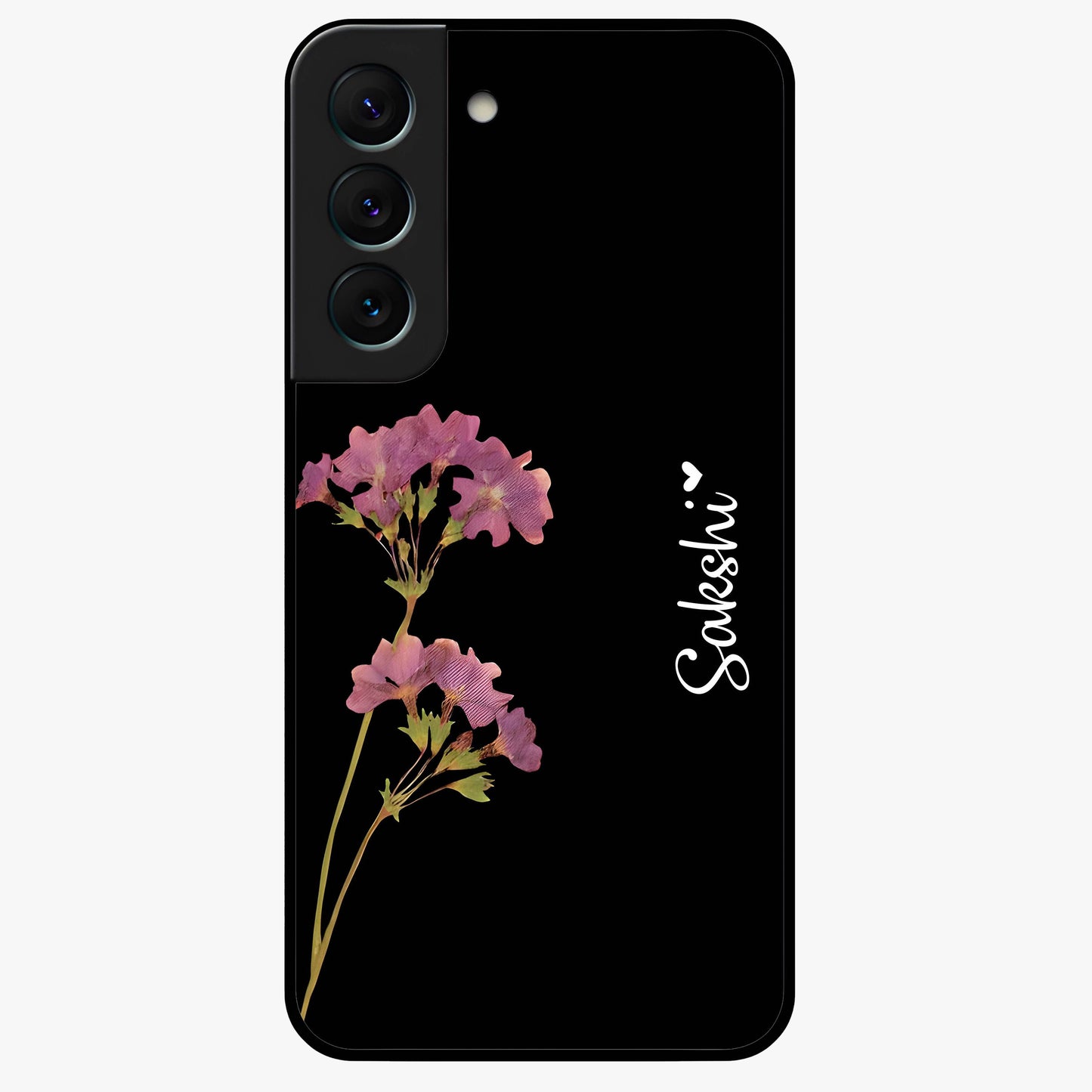 Riching Lavender Flower Custom Name Glass Case showing flat back view with lavender floral artwork and personalized name design.