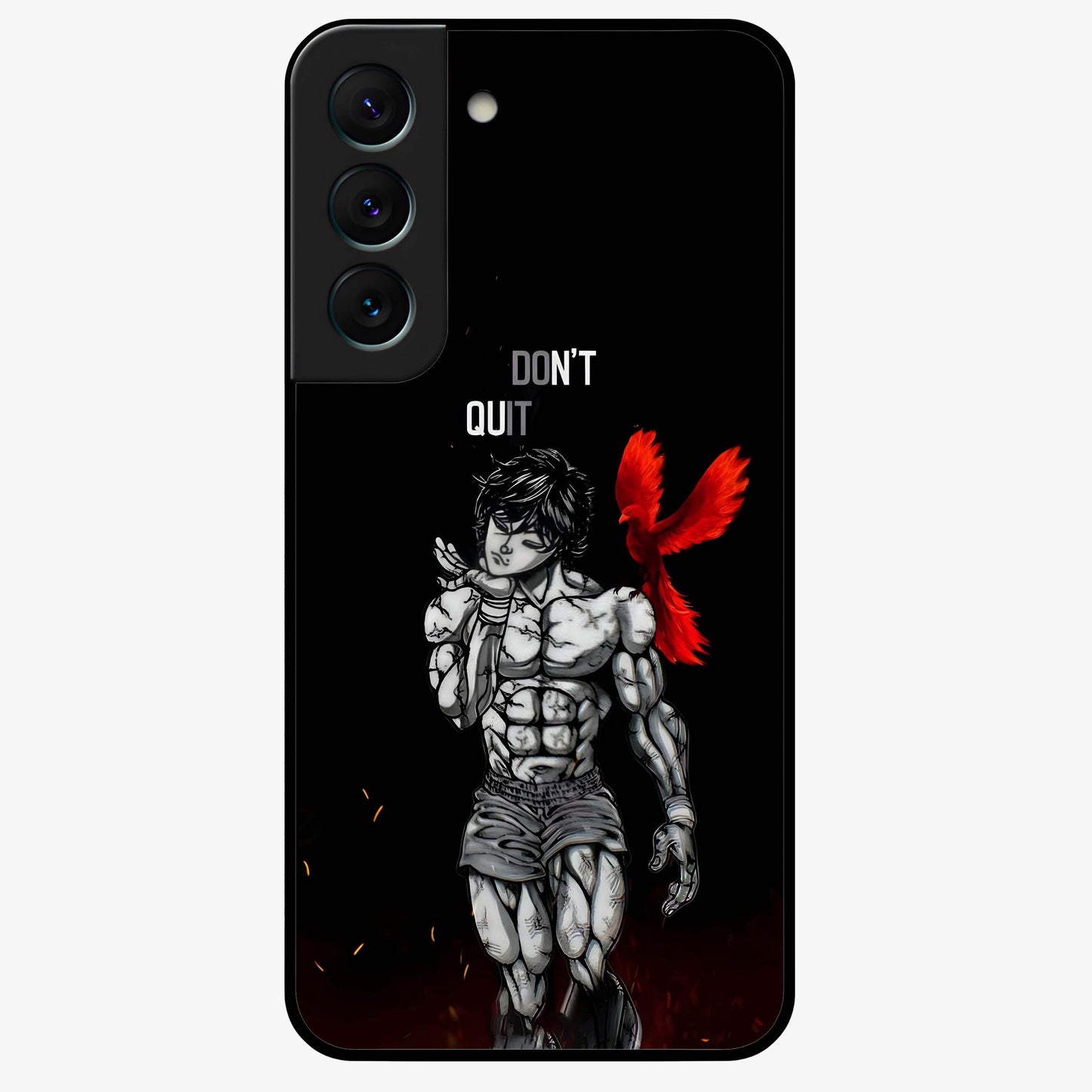 Rise Beyond Limits Glass Case showing flat back view with motivational typography artwork and glossy glass finish.