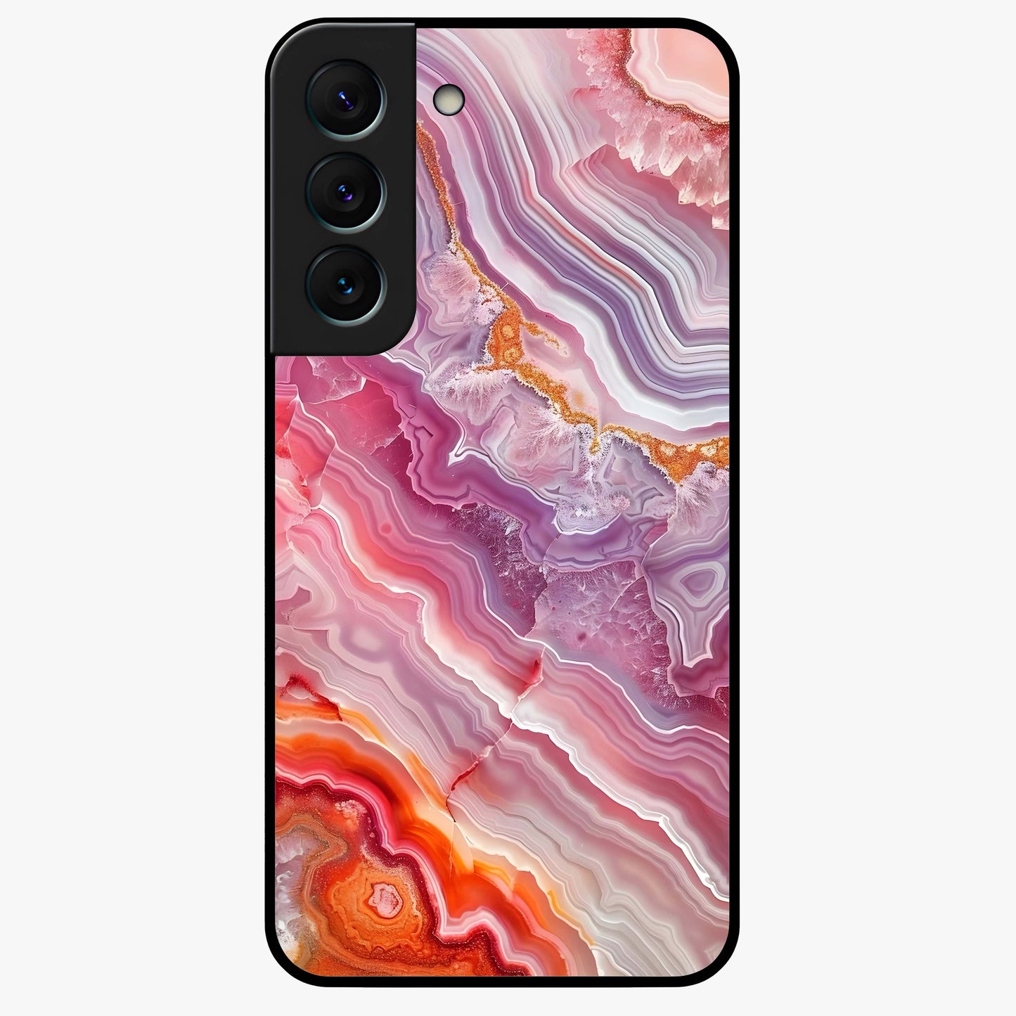 Rose Quartz Marble Glass Case showing flat back view with pink marble quartz texture artwork and glossy glass finish.