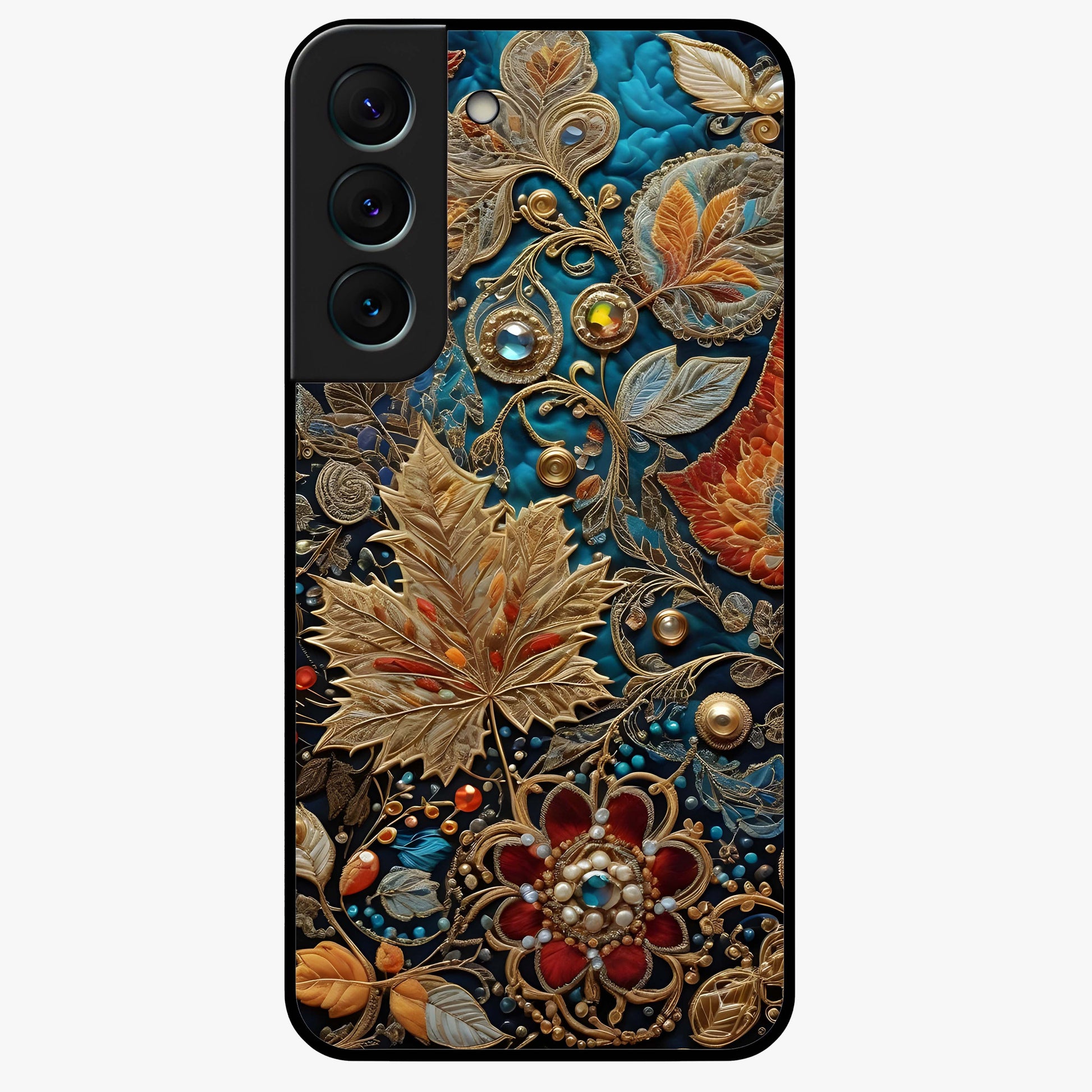 Royal Jewel Garden Glass Case showing flat back view with decorative floral garden artwork and glossy glass finish.
