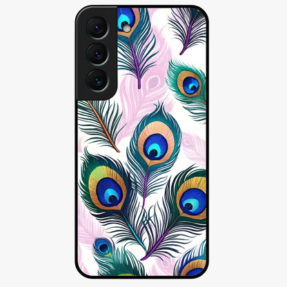 Royal Peacock Feathers Glass Case showing flat back view with colorful peacock feather artwork and glossy glass finish.