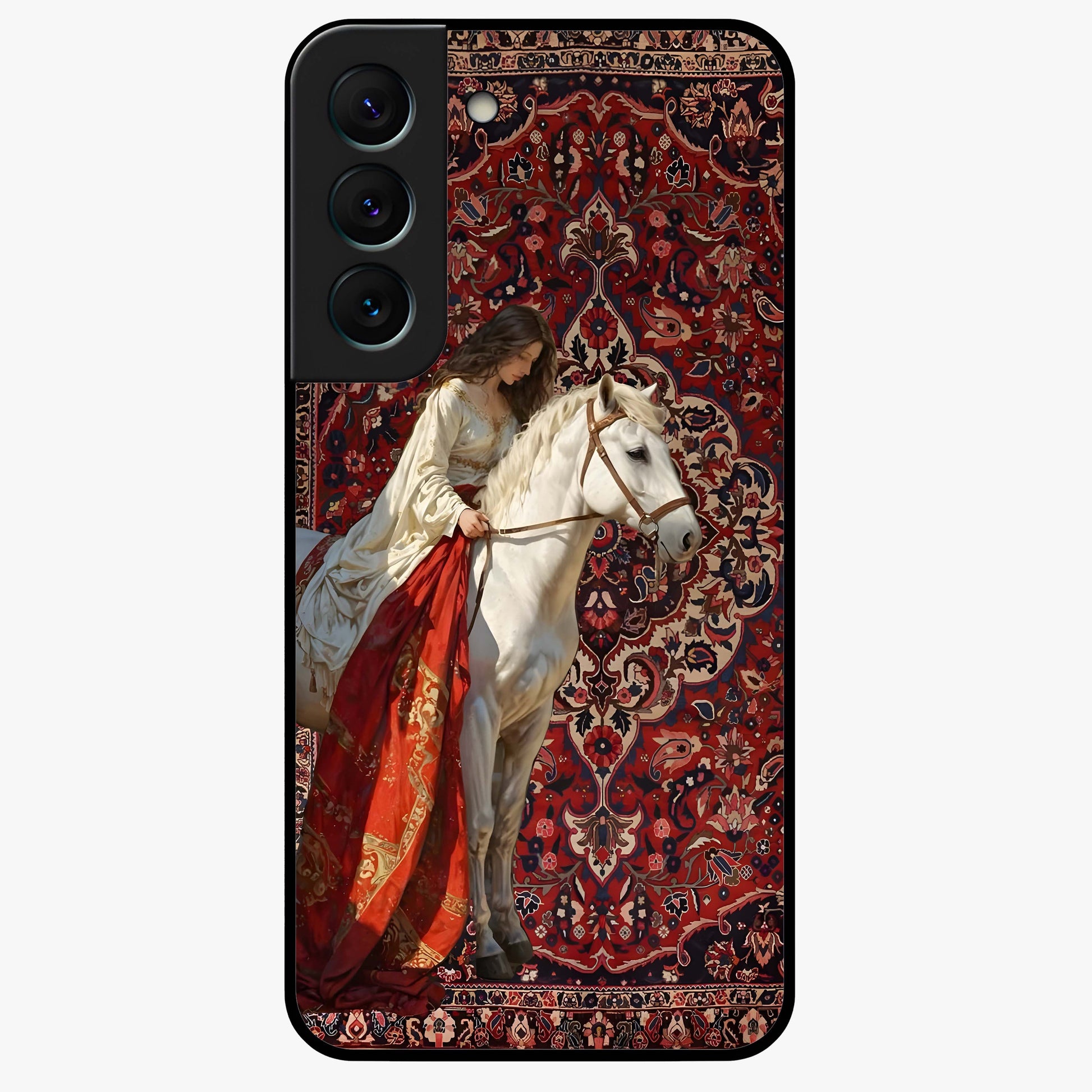 Royal Rider Tapestry Glass Case showing flat back view with majestic horse rider tapestry artwork and glossy glass finish.