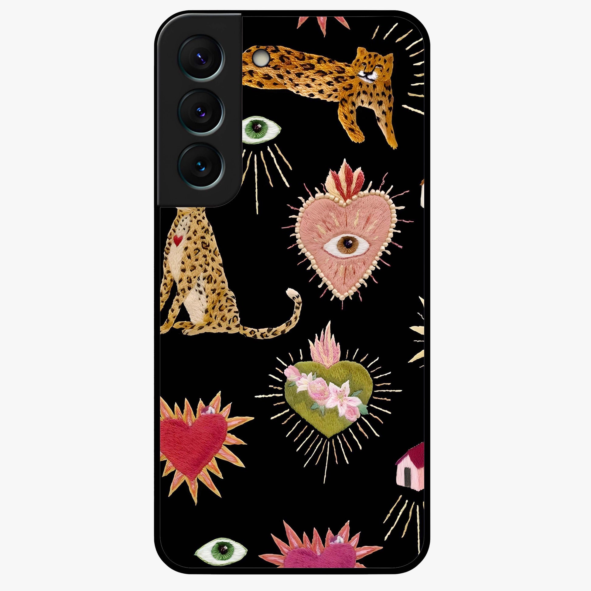 Sacred Jungle Heart Glass Case showing flat back view with jungle inspired heart artwork and glossy glass finish.