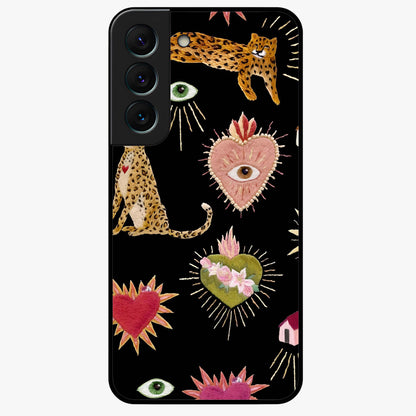 Sacred Jungle Heart Glass Case showing flat back view with jungle inspired heart artwork and glossy glass finish.