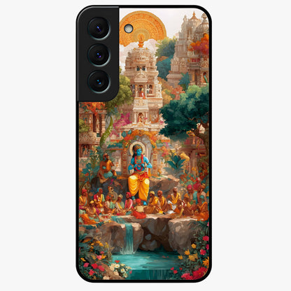 Sacred Sunlight Gods Glass Case showing flat back view with divine sunlight themed artwork and glossy glass finish.