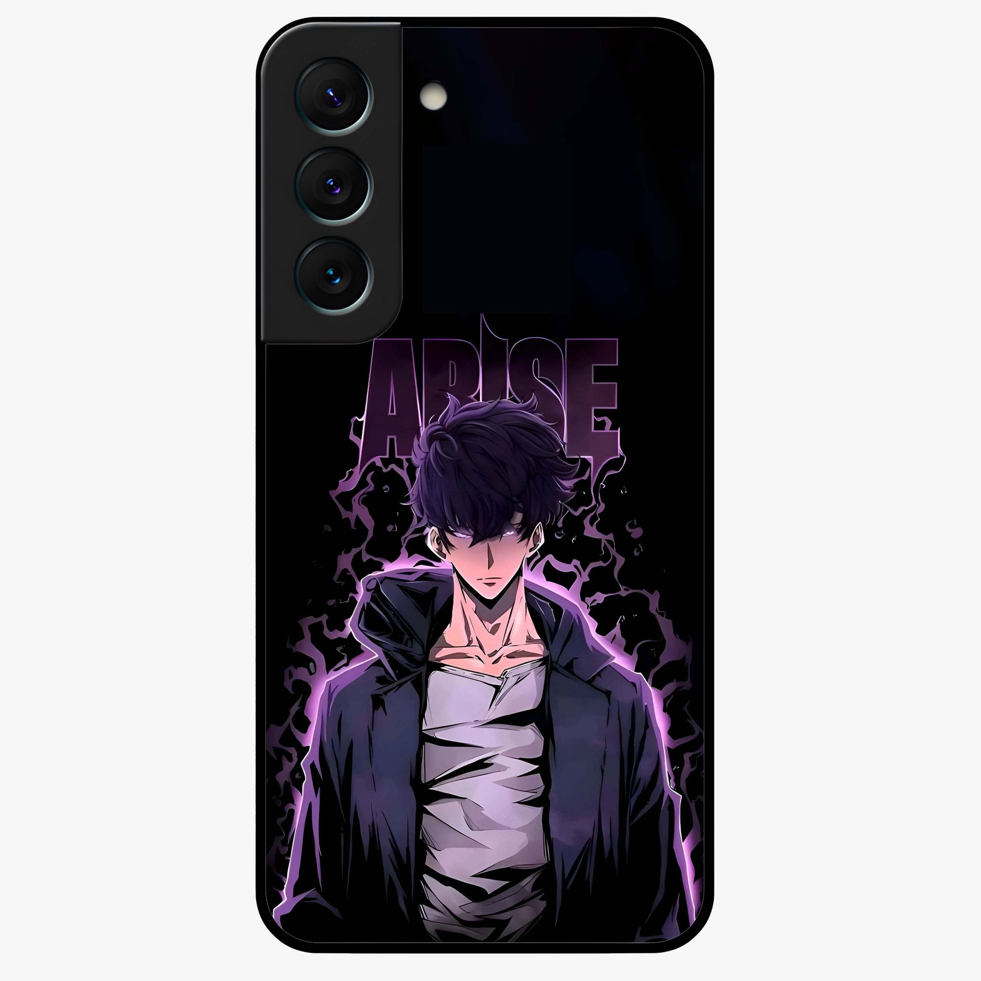 Shadow Monarch Awakening Glass Case showing flat back view with powerful dark monarch themed artwork and glossy glass finish.