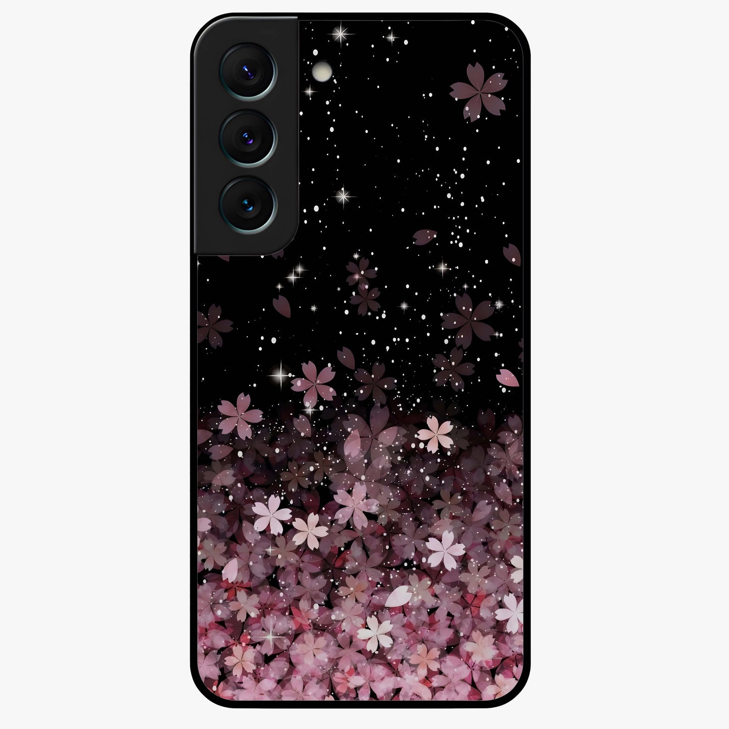 Small Starry Flowers Glass Case showing flat back view with delicate starry floral artwork and glossy glass finish.
