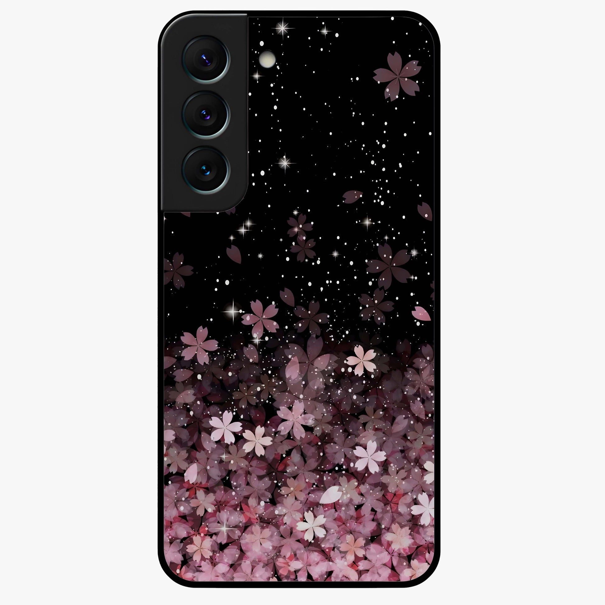Small Starry Flowers Glass Case showing flat back view with delicate starry floral artwork and glossy glass finish.