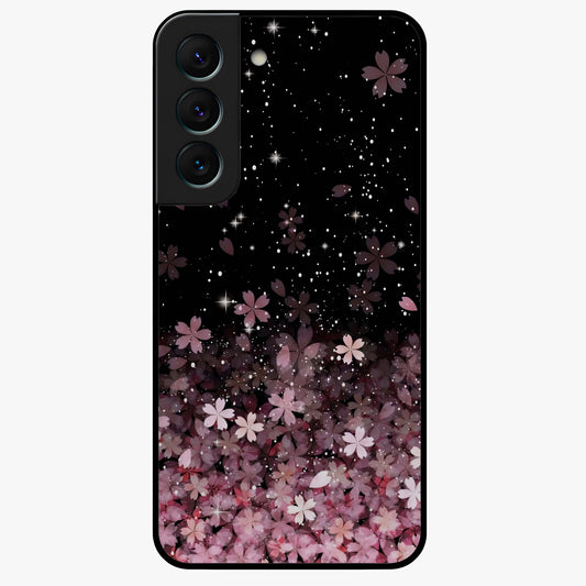 Small Starry Flowers Glass Case showing flat back view with delicate starry floral artwork and glossy glass finish.