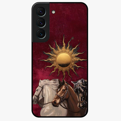 Solar Riders Glass Case showing flat back view with dynamic rider themed artwork and glossy glass finish.