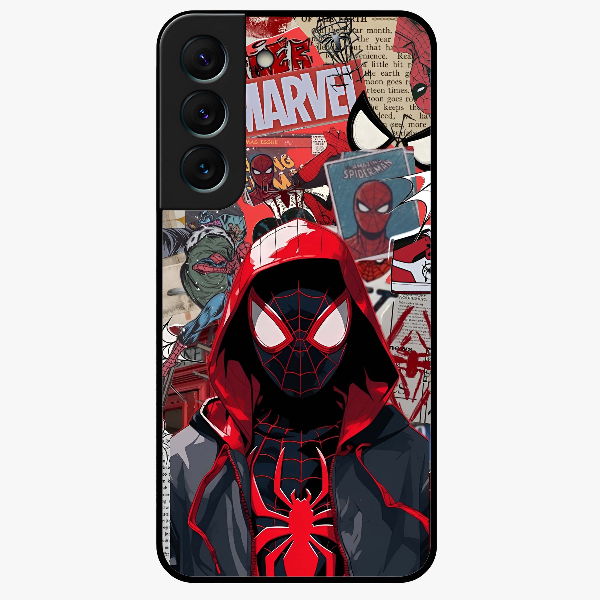 Spider Collage Street Glass Case showing flat back view with vibrant superhero collage artwork and glossy glass finish.