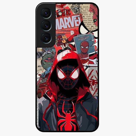 Spider Collage Street Glass Case showing flat back view with vibrant superhero collage artwork and glossy glass finish.