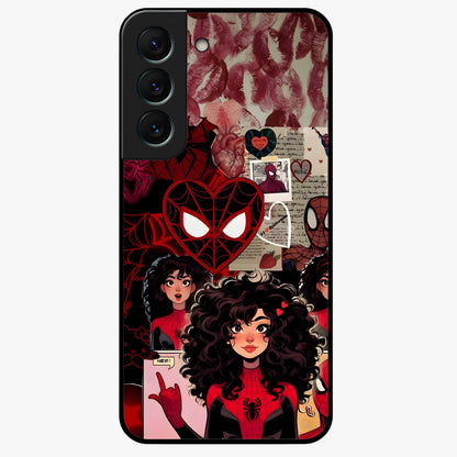 Spider Love Story Glass Case showing flat back view with romantic superhero themed artwork and glossy glass finish.