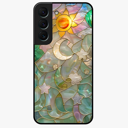 Stained Sunrise Glow Glass Case showing flat back view with glowing sunrise stained pattern artwork and glossy glass finish.