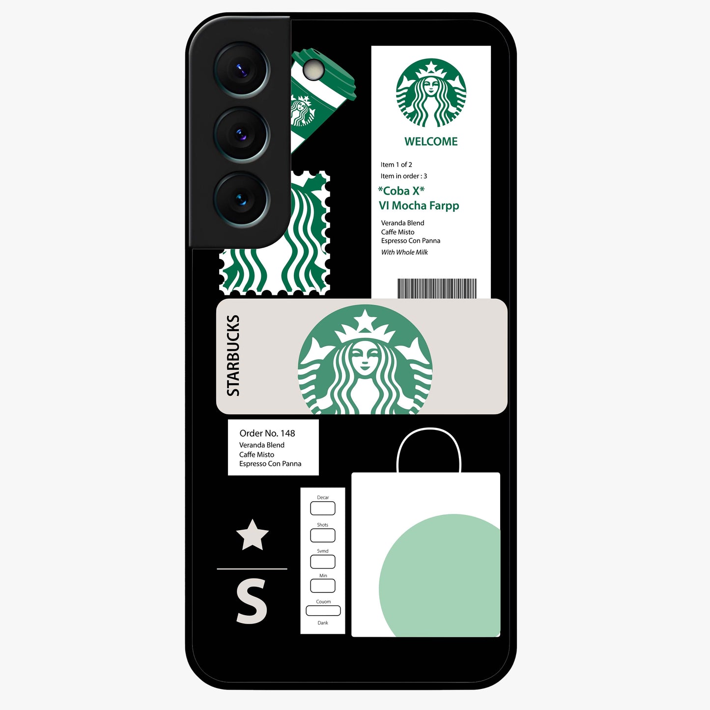 Starbucks Mocha Glass Case showing flat back view with coffee inspired artwork and glossy glass finish.