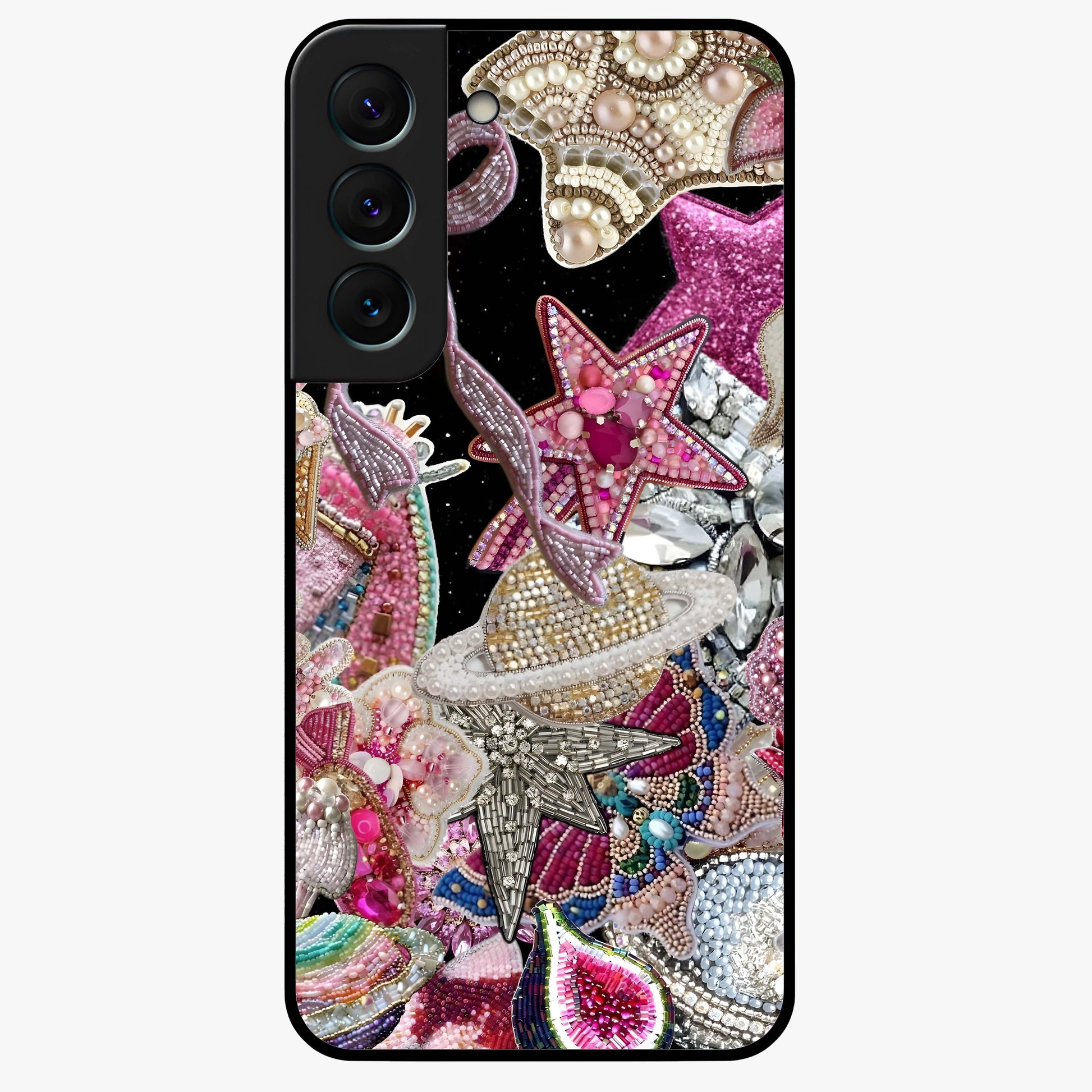 Starlit Jewel Dream Glass Case showing flat back view with sparkling jewel and star themed artwork and glossy glass finish.