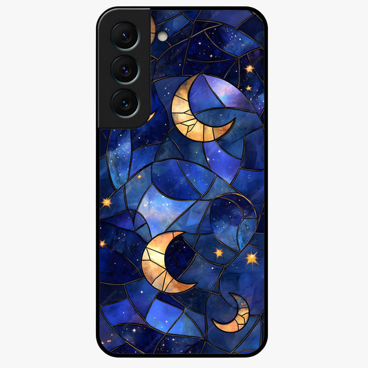Starlit Sky Tapestry Glass Case showing flat back view with decorative starry sky tapestry artwork and glossy glass finish.