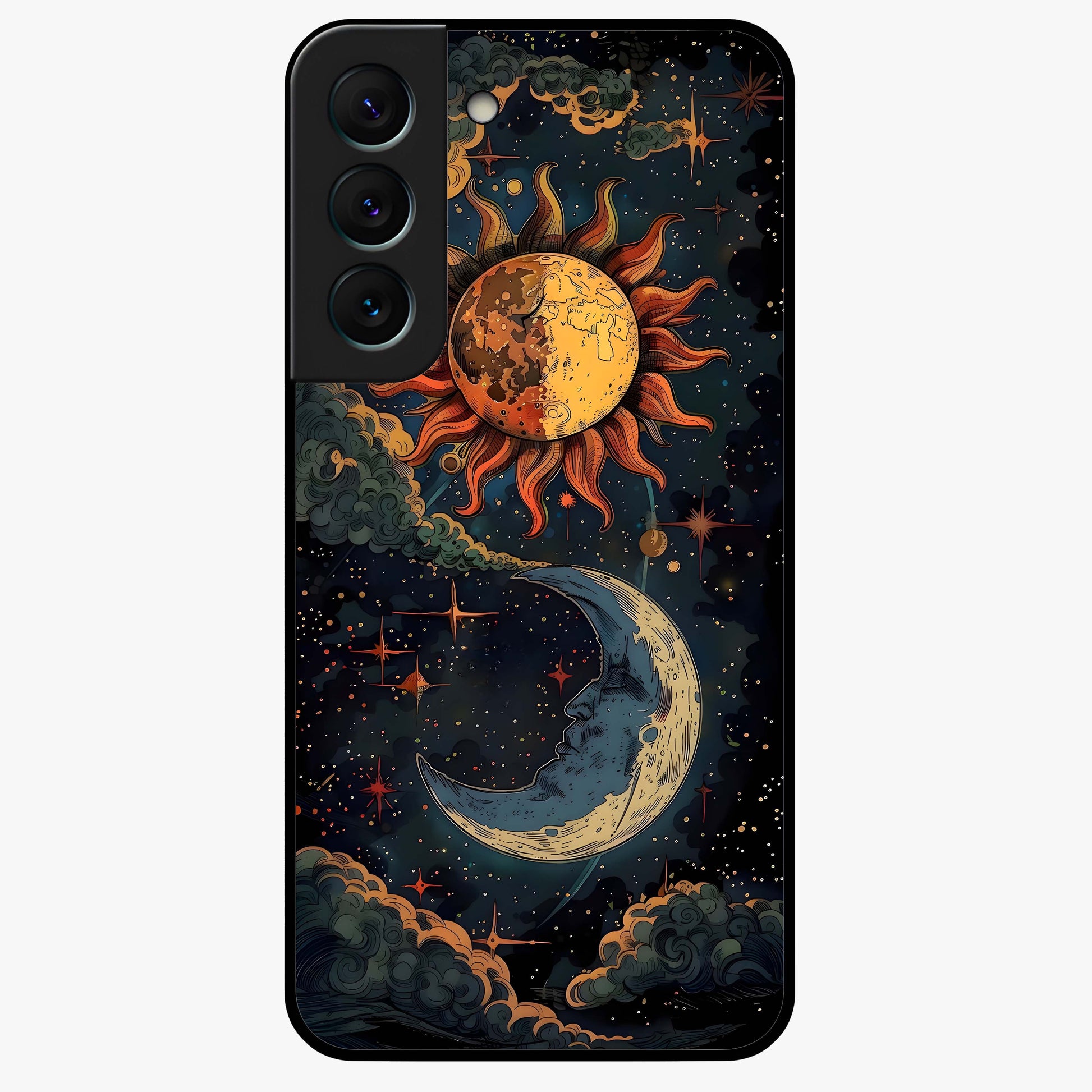 Sun And Moon Magic Design Glass Case showing flat back view with mystical sun and moon artwork and glossy glass finish.