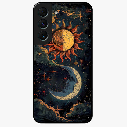 Sun And Moon Magic Design Glass Case showing flat back view with mystical sun and moon artwork and glossy glass finish.