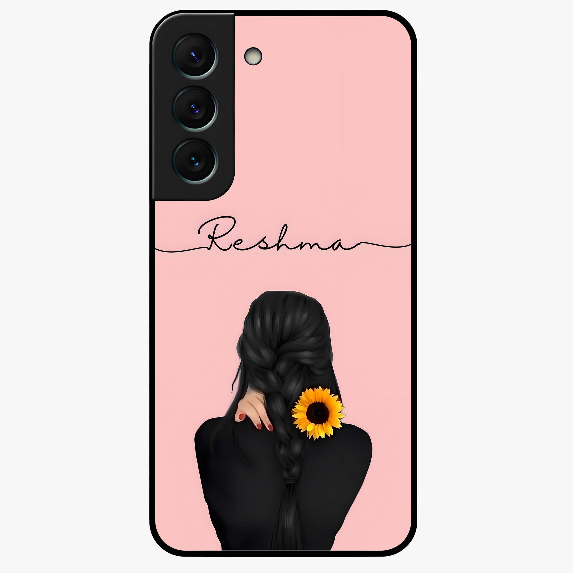 Sunflower Braid Beauty With Custom Name Glass Case showing flat back view with sunflower braid artwork and personalized name design.
