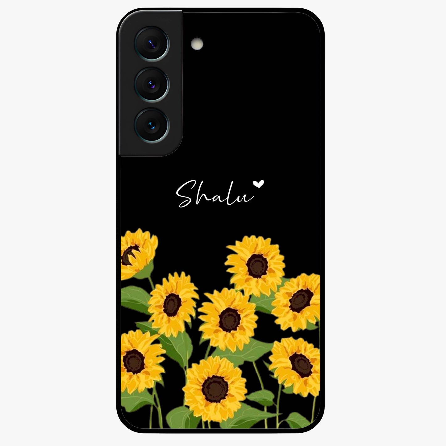 Sunflower Chic Mood Custom Name Glass Case showing flat back view with stylish sunflower artwork and personalized name design.