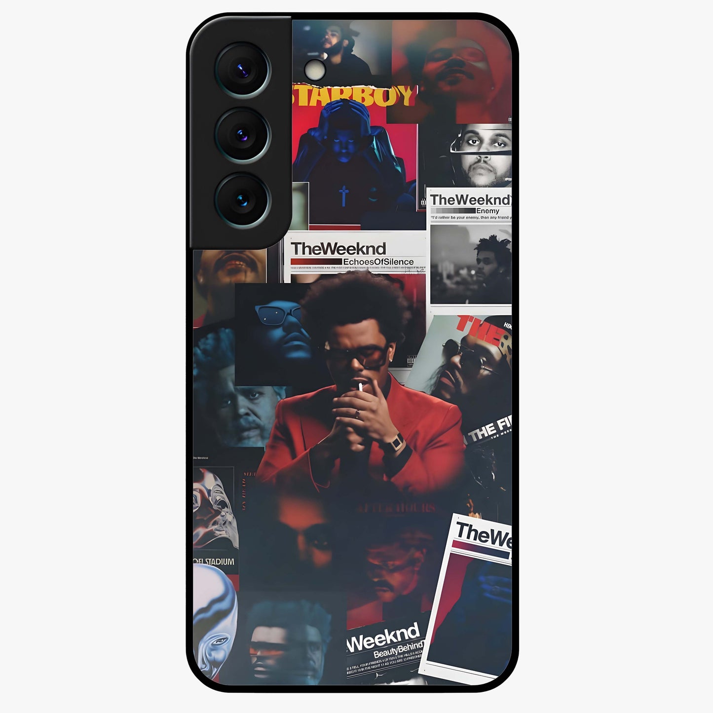 The Weeknd Glass Case showing flat back view with music inspired artistic portrait artwork and glossy glass finish.