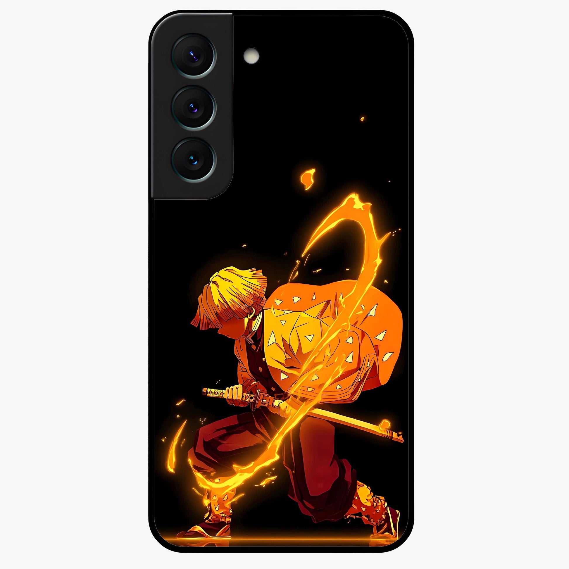 Thunder Flame Execution Glass Case showing flat back view with powerful flame and lightning artwork and glossy glass finish.