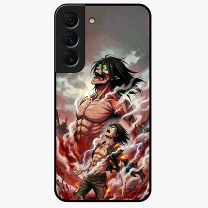 Titan Awakening Fury Glass Case showing flat back view with powerful titan inspired artwork and glossy glass finish.