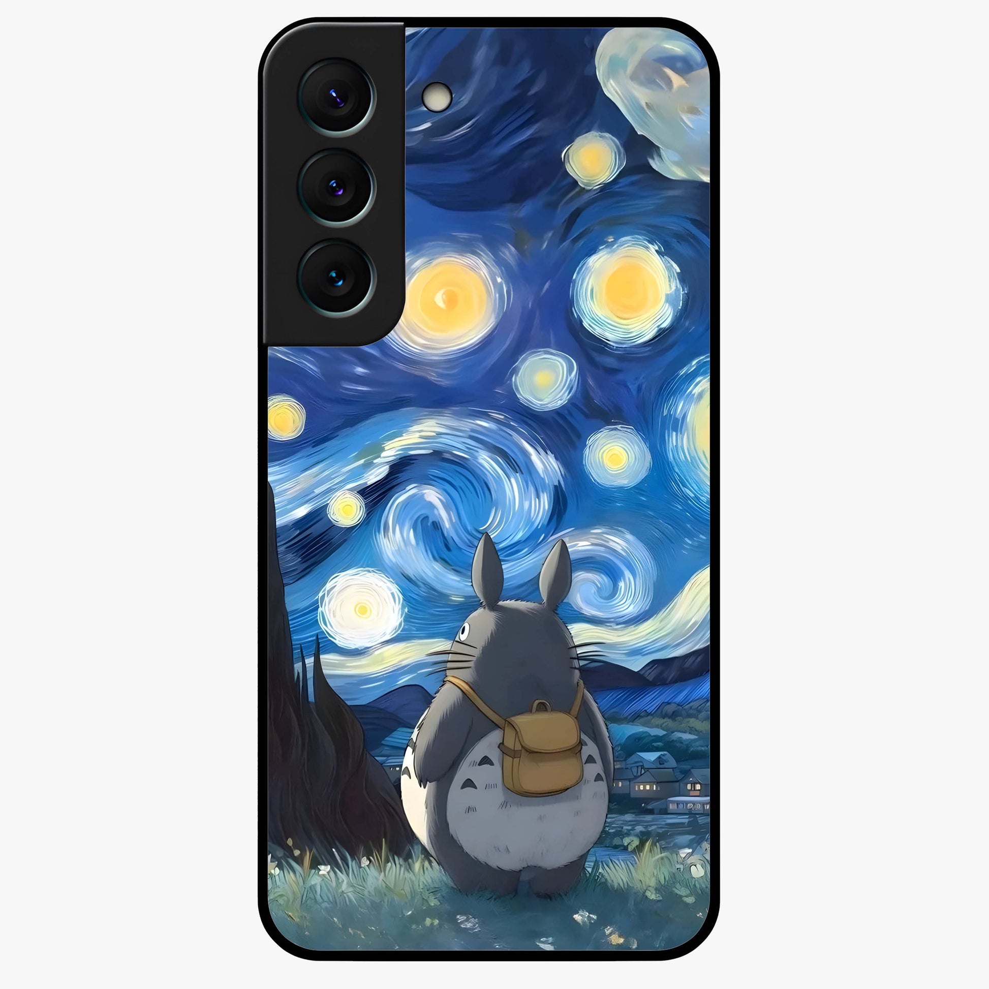 Totoro In Van Gogh Art Glass Case showing flat back view with whimsical character artwork inspired by Van Gogh style and glossy glass finish.