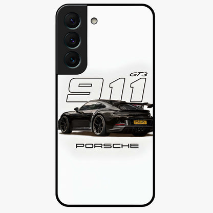 Turbo Legacy Icon Glass Case showing flat back view with iconic sports car inspired artwork and glossy glass finish.