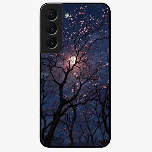 Twilight Sakura Serenade Glass Case showing flat back view with cherry blossom artwork at twilight and glossy glass finish.