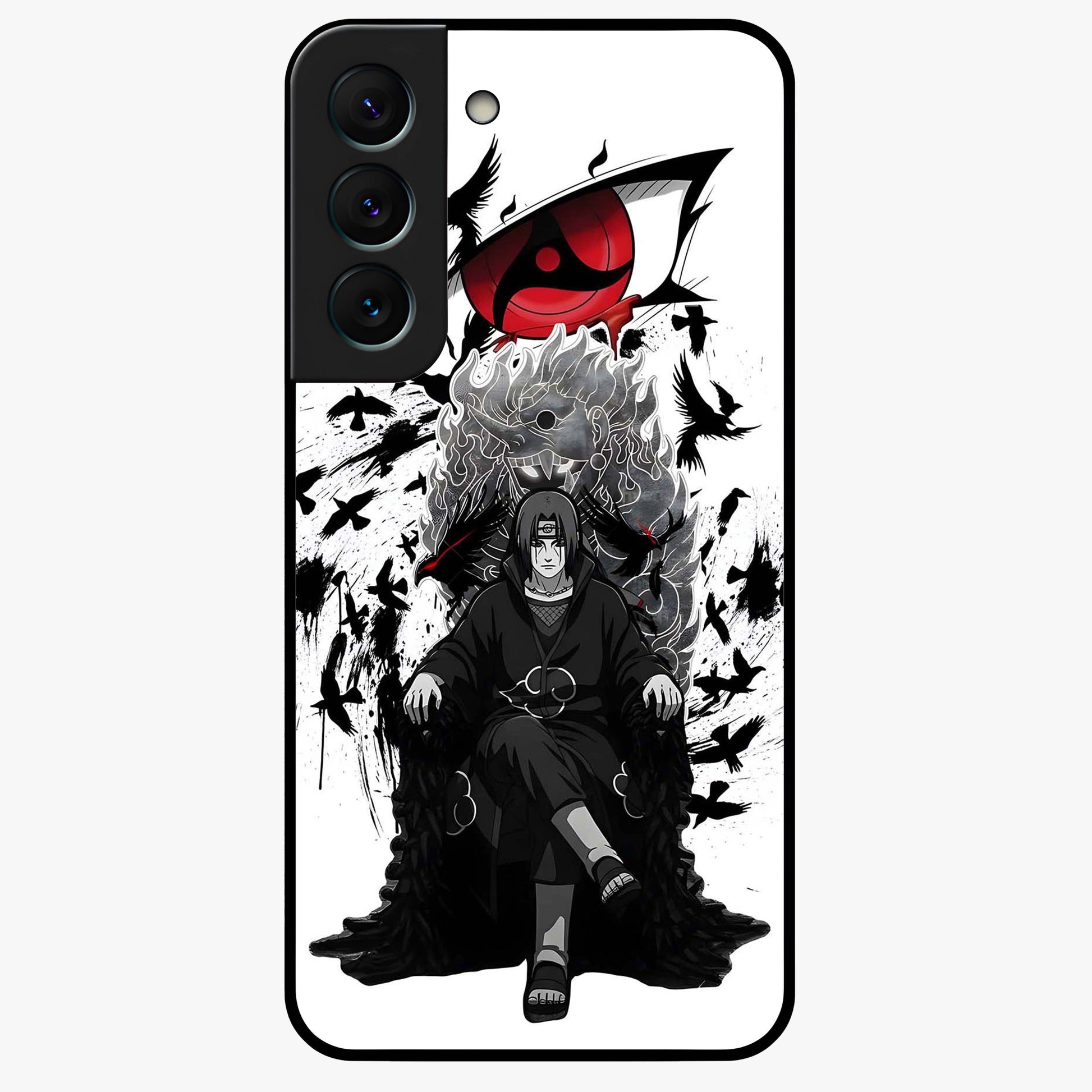 Uchiha Shadow Throne Glass Case showing flat back view with cosmic underwater themed artwork and glossy glass finish.