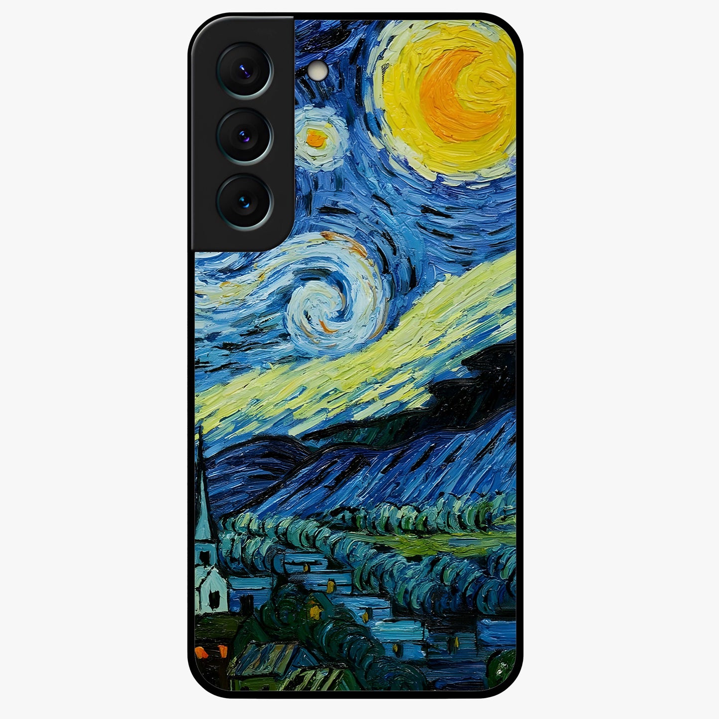 Van Gogh Art Glass Case showing flat back view with classic painterly artwork inspired by Van Gogh style and glossy glass finish.