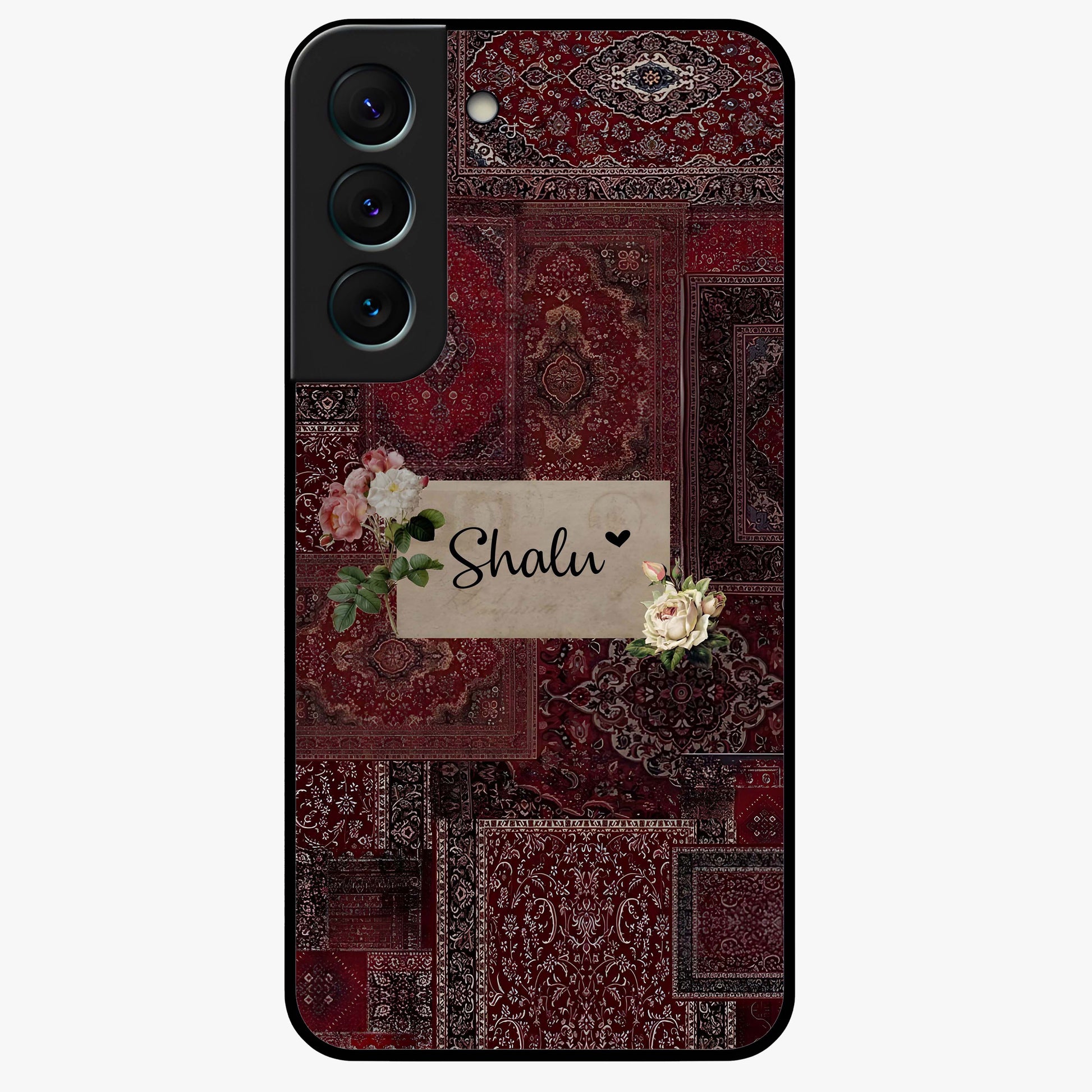 Velvet Wine Pattern Custom Name Glass Case showing flat back view with elegant wine colored pattern artwork and personalized name design.