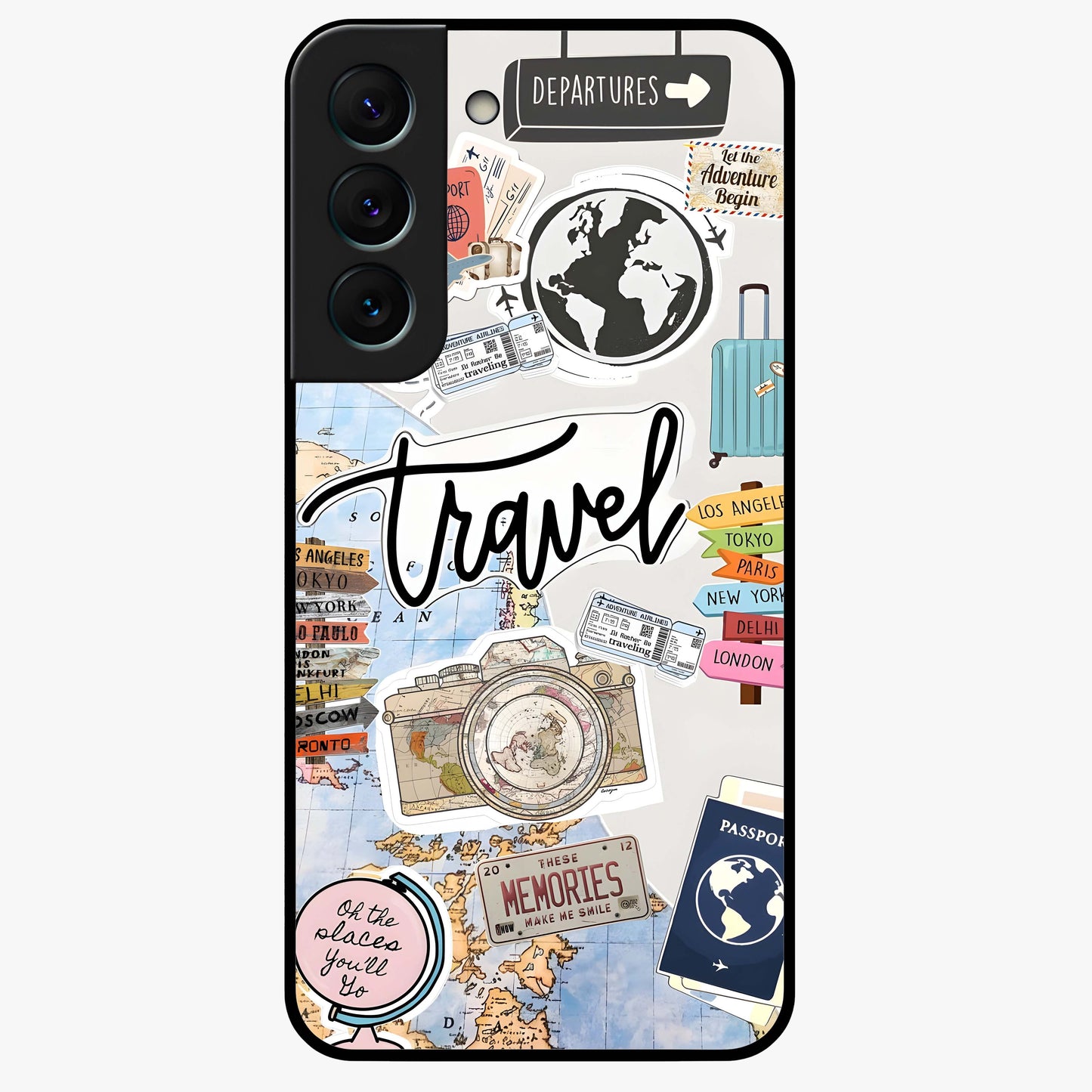 Wanderlust Journal Glass Case showing flat back view with travel inspired artwork and glossy glass finish.
