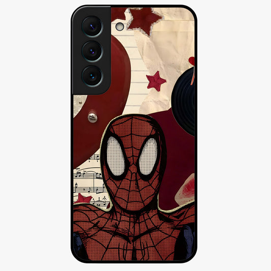 Web Warrior Vibes Glass Case showing flat back view with superhero inspired web themed artwork and glossy glass finish.