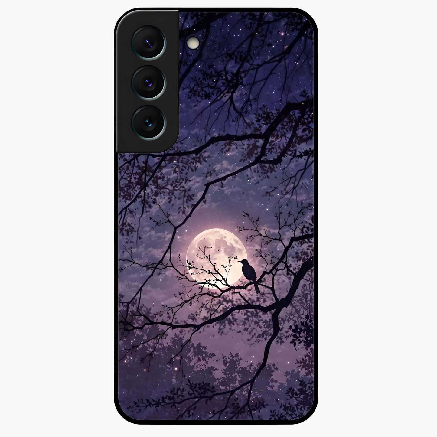 Whispering Moon Silence Glass Case showing flat back view with serene moon themed artwork and glossy glass finish.