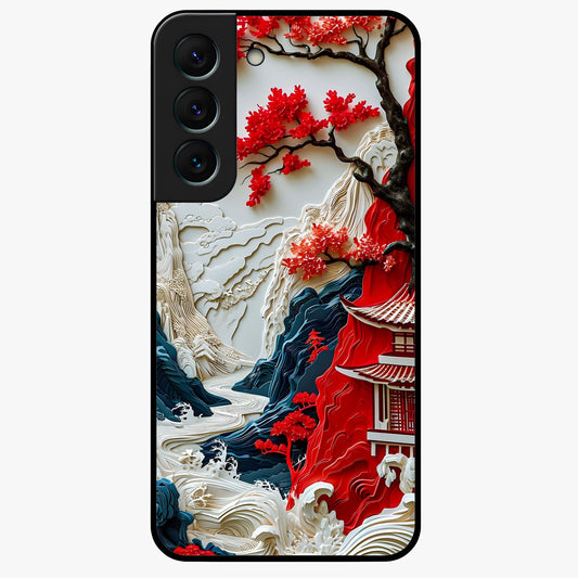 Whispers Of Sakura Waves Glass Case showing flat back view with cherry blossom wave artwork and glossy glass finish.